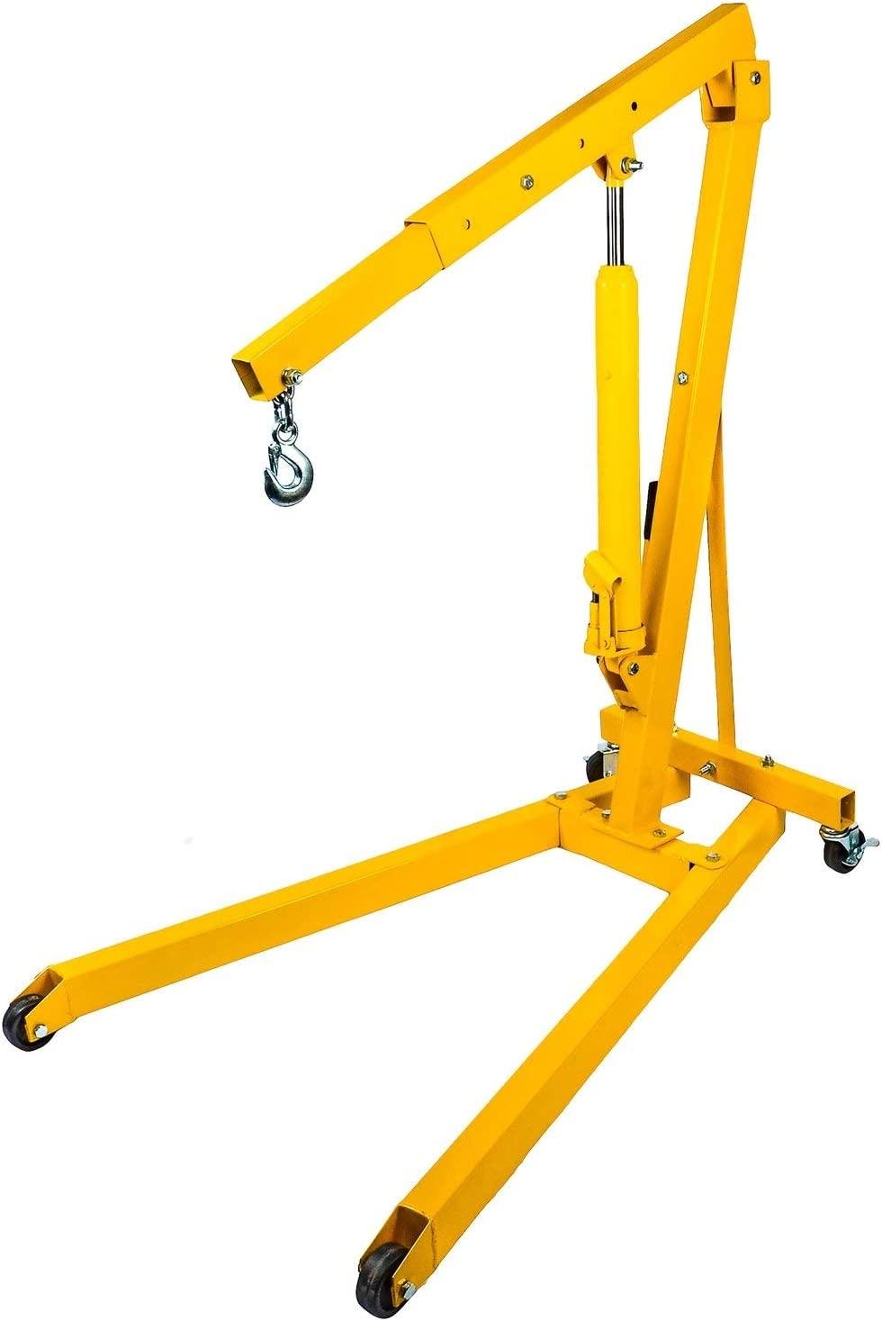 JEGS 1/2-Ton Automotive Shop Crane | Up To 1,000 LBS Capacity | 29” to 44” WorBoom Ran| Lifting Ran12” - 88” | Folds For Stora| Uses 4 Caster Wheels | Steel With Yellow Finish