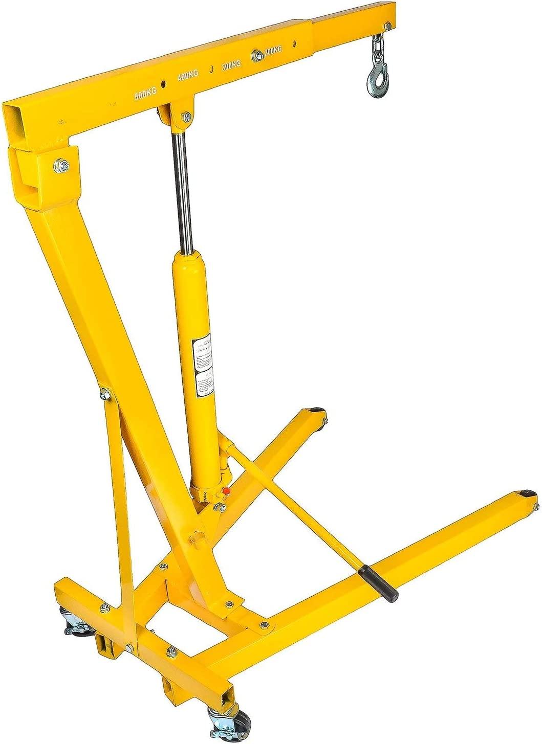 JEGS 1/2-Ton Automotive Shop Crane | Up To 1,000 LBS Capacity | 29” to 44” WorBoom Ran| Lifting Ran12” - 88” | Folds For Stora| Uses 4 Caster Wheels | Steel With Yellow Finish