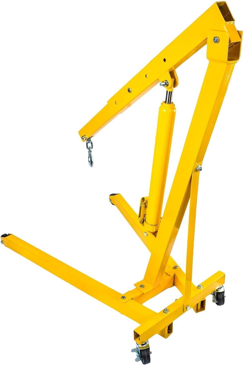JEGS 1/2-Ton Automotive Shop Crane | Up To 1,000 LBS Capacity | 29” to 44” WorBoom Ran| Lifting Ran12” - 88” | Folds For Stora| Uses 4 Caster Wheels | Steel With Yellow Finish