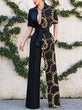 Women's Fashion Asymmetric Zip Element Print Jumpsuit