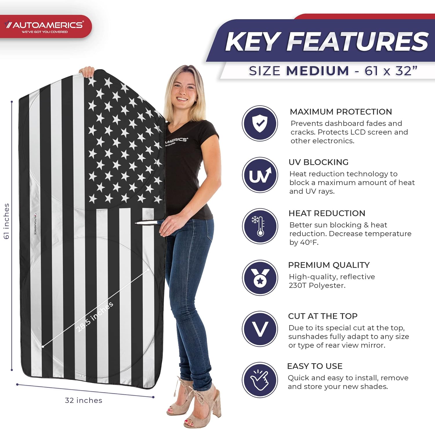Autoamerics 1-Piece Windshield Sun Shade B&amp;W American Flag USA Patriotic  - Foldable Car Front Window Sunshade for Most Sedans SUV Truck - Blocks Max UV Rays and Keeps Your Vehicle Cool - Medium
