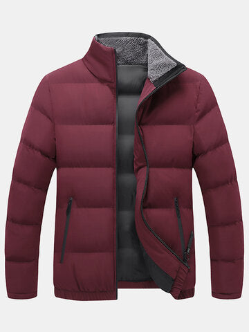 mens windproof warm stand collar thicken solid overcoats with pocket