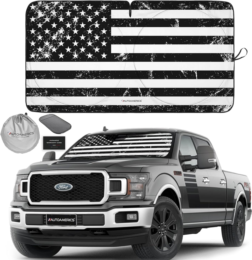 Autoamerics 1-Piece Windshield Sun Shade Grunge B&amp;W American Flag USA  - Foldable Car Front Window Sunshade for Most Sedans SUV Truck - Blocks Max UV Rays and Keeps Your Vehicle Cool - X-Large