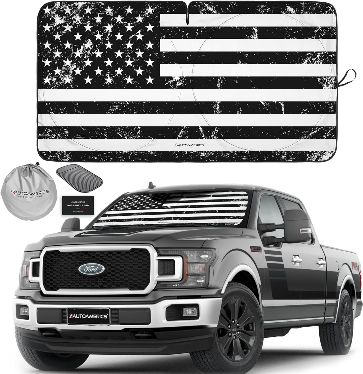 Autoamerics 1-Piece Windshield Sun Shade Grunge B&amp;W American Flag USA  - Foldable Car Front Window Sunshade for Most Sedans SUV Truck - Blocks Max UV Rays and Keeps Your Vehicle Cool - X-Large