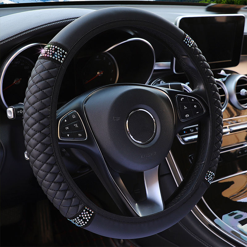 Car Pu Leather Steering Wheel Cover, 14.57-14.96inch Artificial Diamond, Steering Wheel Cover