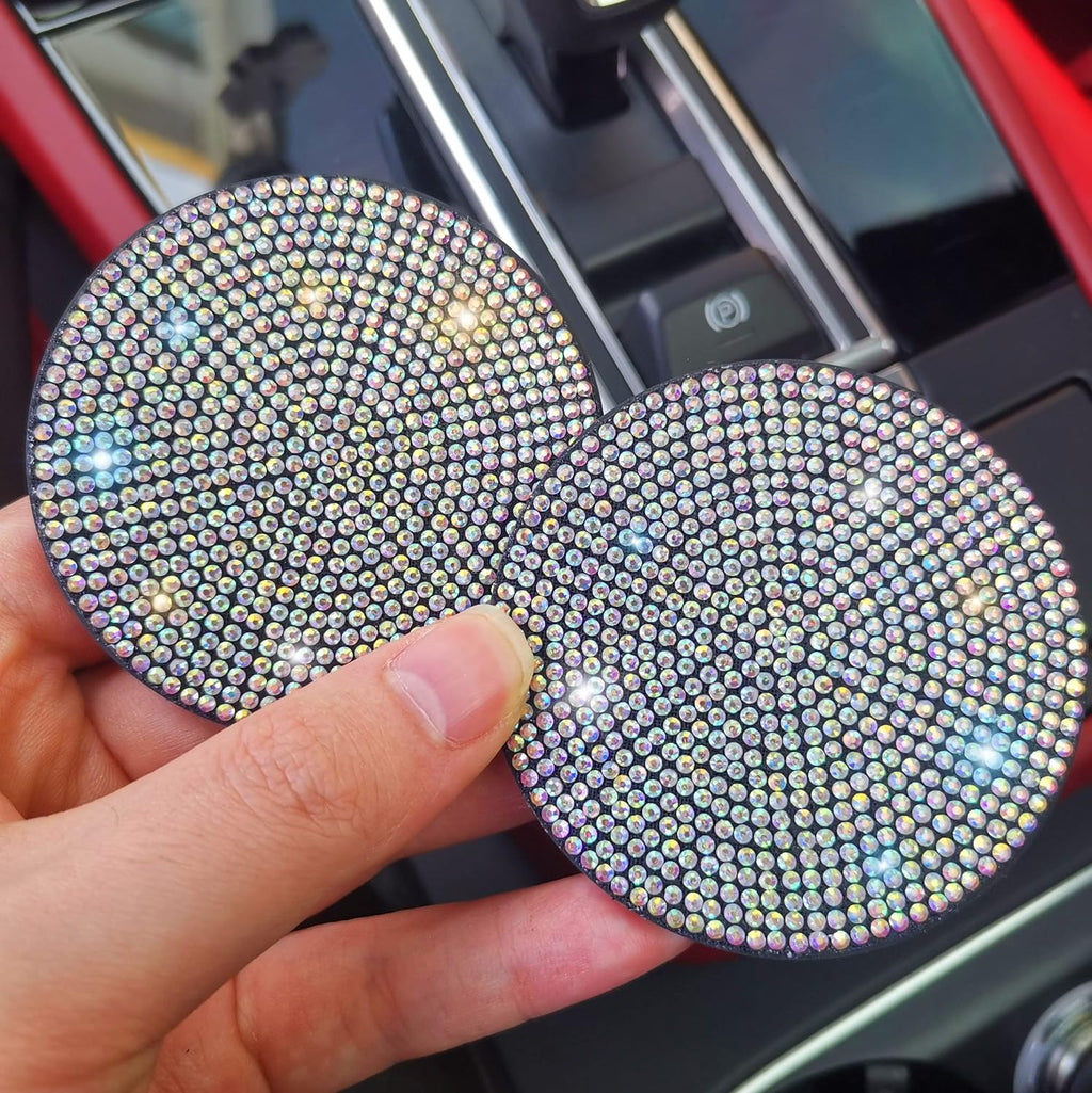 2pcs Bling Car Cup Holder Coaster, 2.75 inch Anti-Slip Shockproof Universal Fashion Vehicle Car Coasters Insert Rhinestone Auto Automotive Interior Accessories for Women (2 pcs, Colorful)