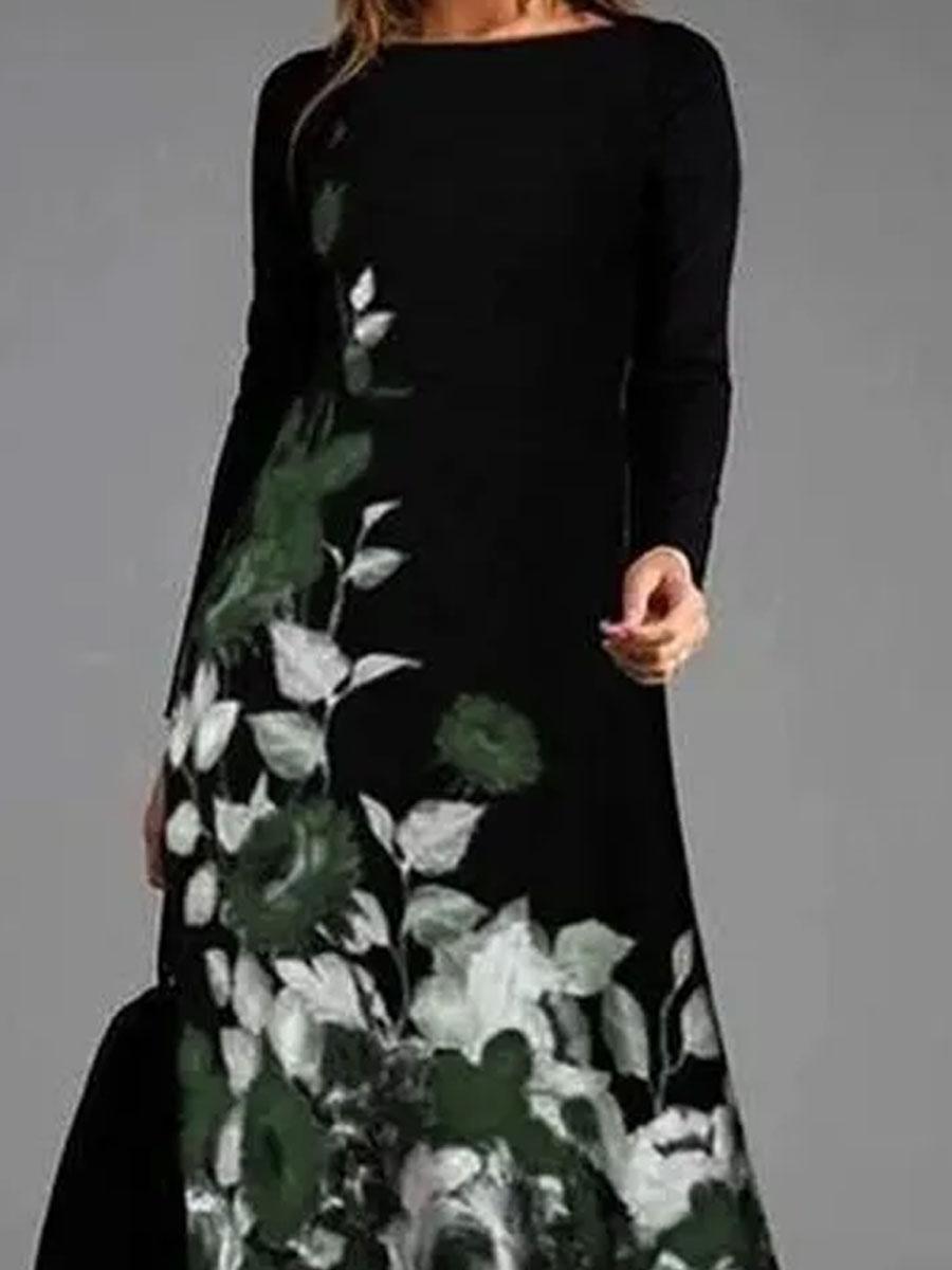 Round Neck Floral Print Long Sleeve Maxi Dress
