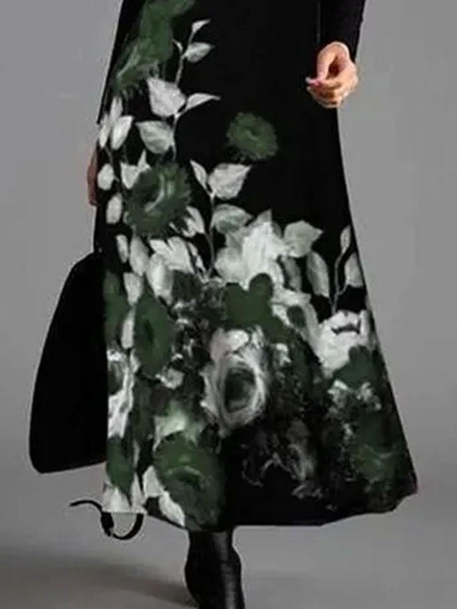 Round Neck Floral Print Long Sleeve Maxi Dress