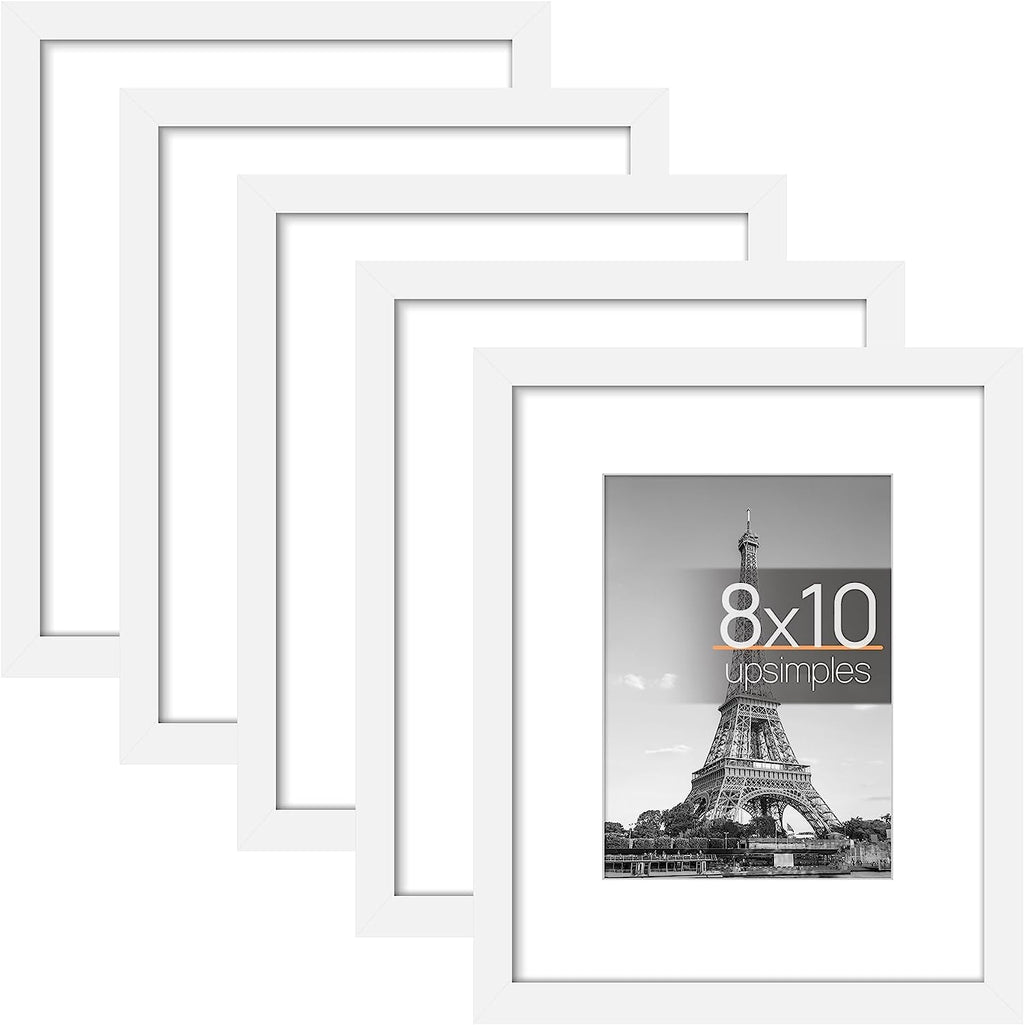 upsimples 8x10 Picture Frame Set of 5,Display Pictures 5x7 with Mat or 8x10 Without Mat,Wall Gallery Photo Frames, White