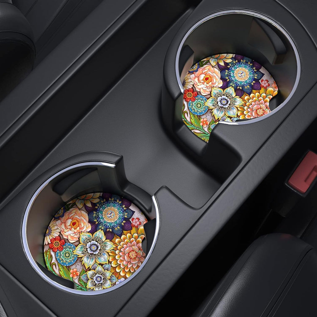 Nipichsha Car Cup Holder Coasters, Car Coasters for Cup Holders, 2 Pack Universal Anti Slip Insert Coaster, Rubber Car Cup Mat with A Finger Notch, Cute Car Interior Accessories for Women Men(Mandala)