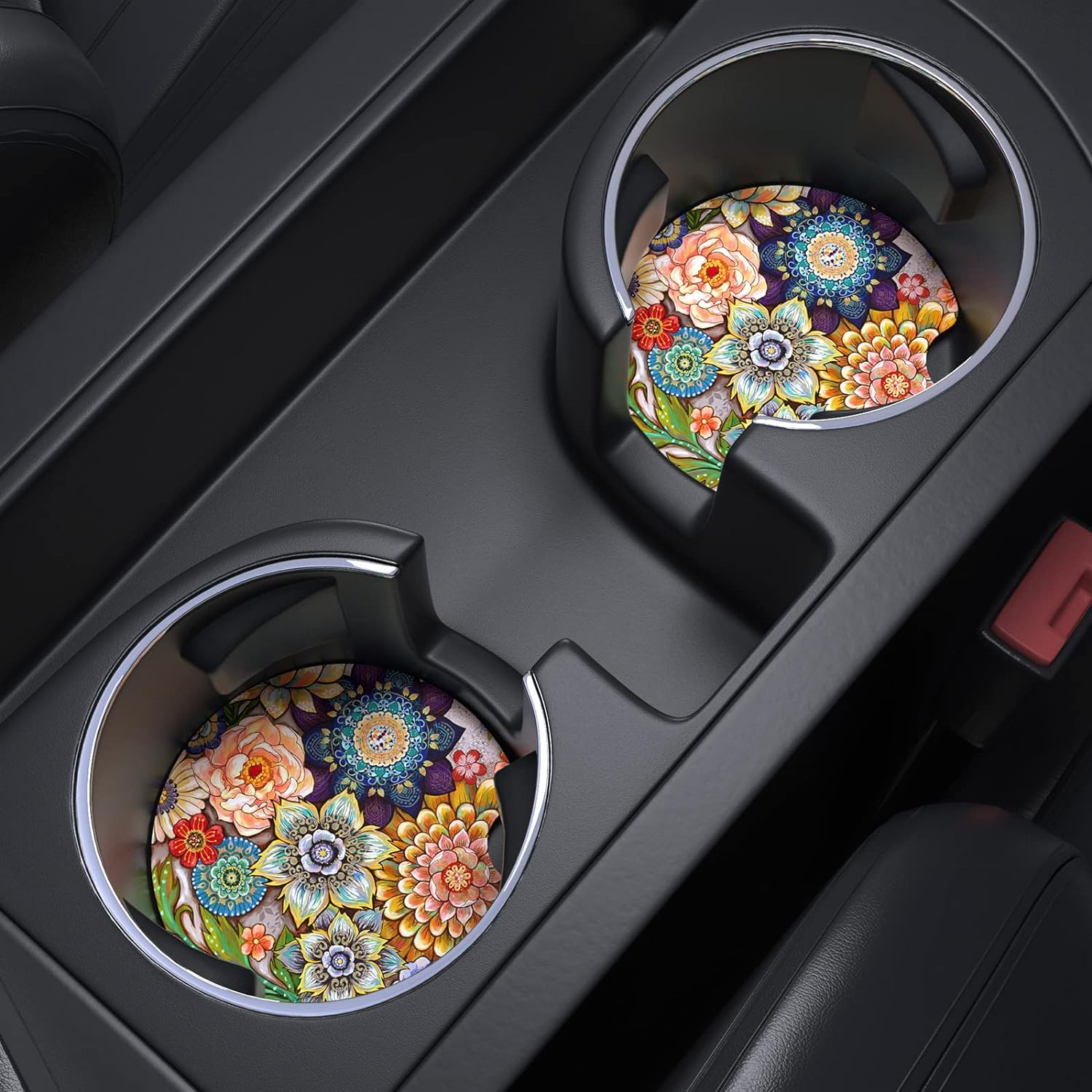 Nipichsha Car Cup Holder Coasters, Car Coasters for Cup Holders, 2 Pack Universal Anti Slip Insert Coaster, Rubber Car Cup Mat with A Finger Notch, Cute Car Interior Accessories for Women Men(Mandala)