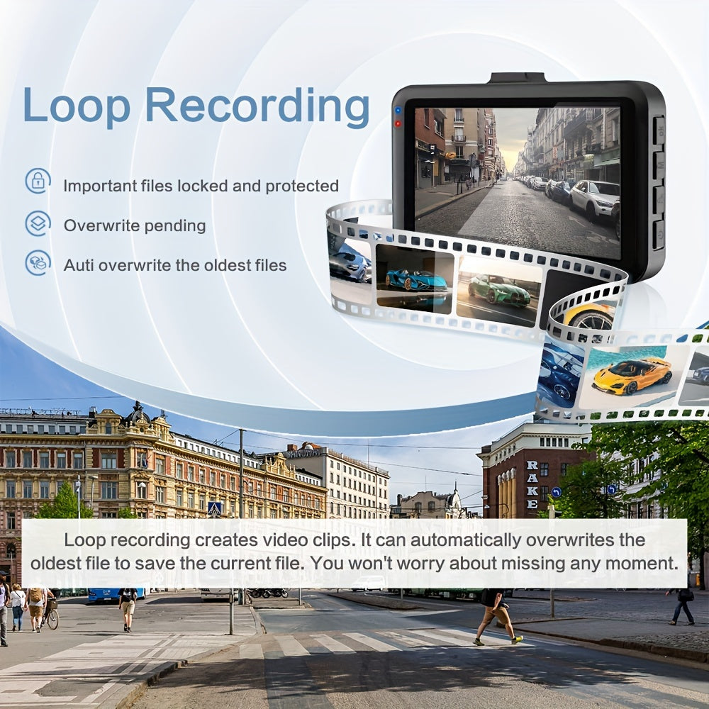 3 Inch HD 1080P Dash Cam With Suction Cup, Night Vision &amp; Cycle Recording