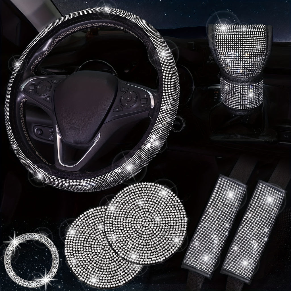Bling Car Accessories For Women,Bling Steering Wheel Cover Bling Car Coasters Bling Set Seat Belt Shoulder Pads Ring Emblem Sticker Gear Shift Cover