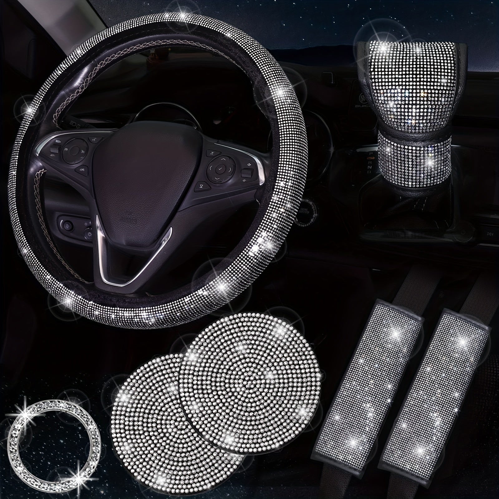 Bling Car Accessories For Women,Bling Steering Wheel Cover Bling Car Coasters Bling Set Seat Belt Shoulder Pads Ring Emblem Sticker Gear Shift Cover