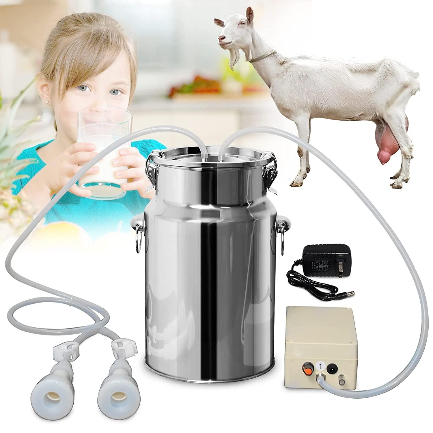 Goat MilMachine 7L Milk Machine Electric Automatic Goat Milker with Continuously Adjustable Suction Vacuum Pump & Portable  Bucket for Livestock