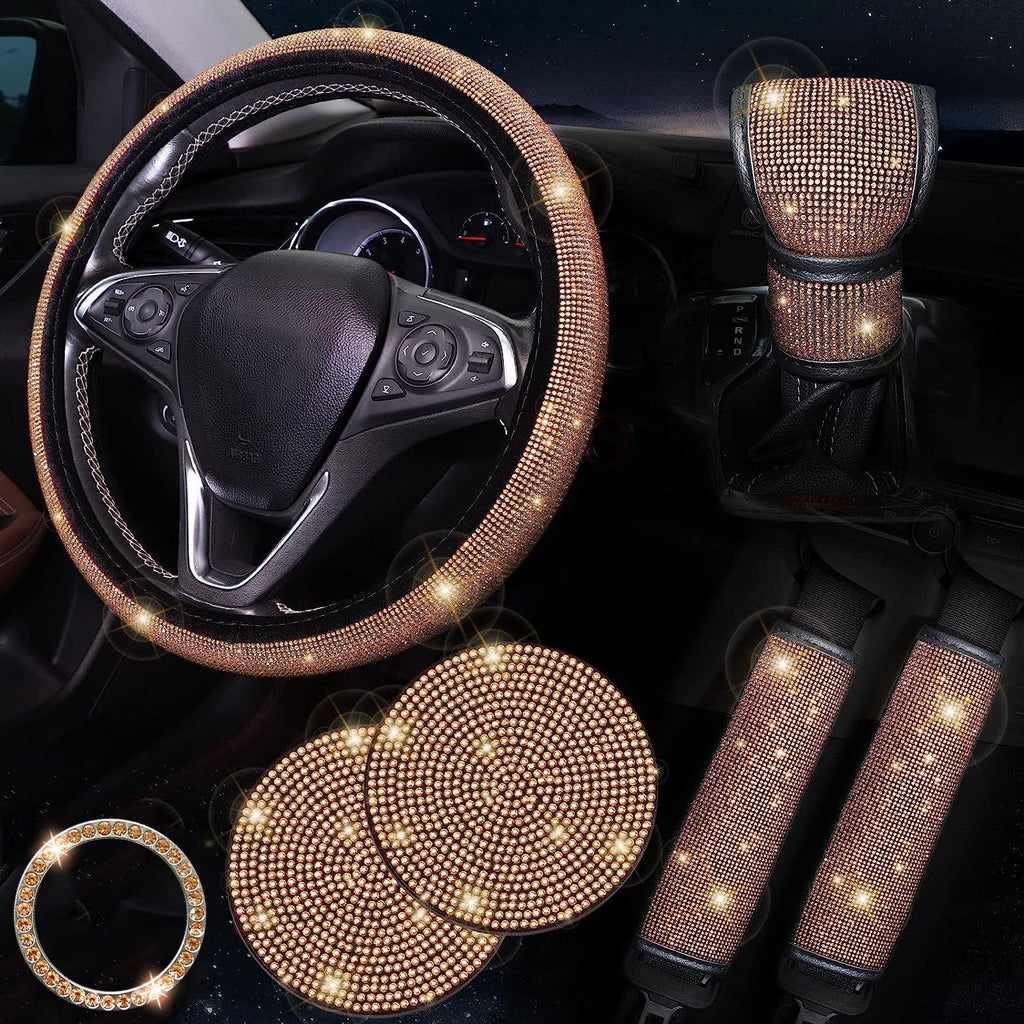 Bling Car Accessories For Women,Bling Steering Wheel Cover Bling Car Coasters Bling Set Seat Belt Shoulder Pads Ring Emblem Sticker Gear Shift Cover