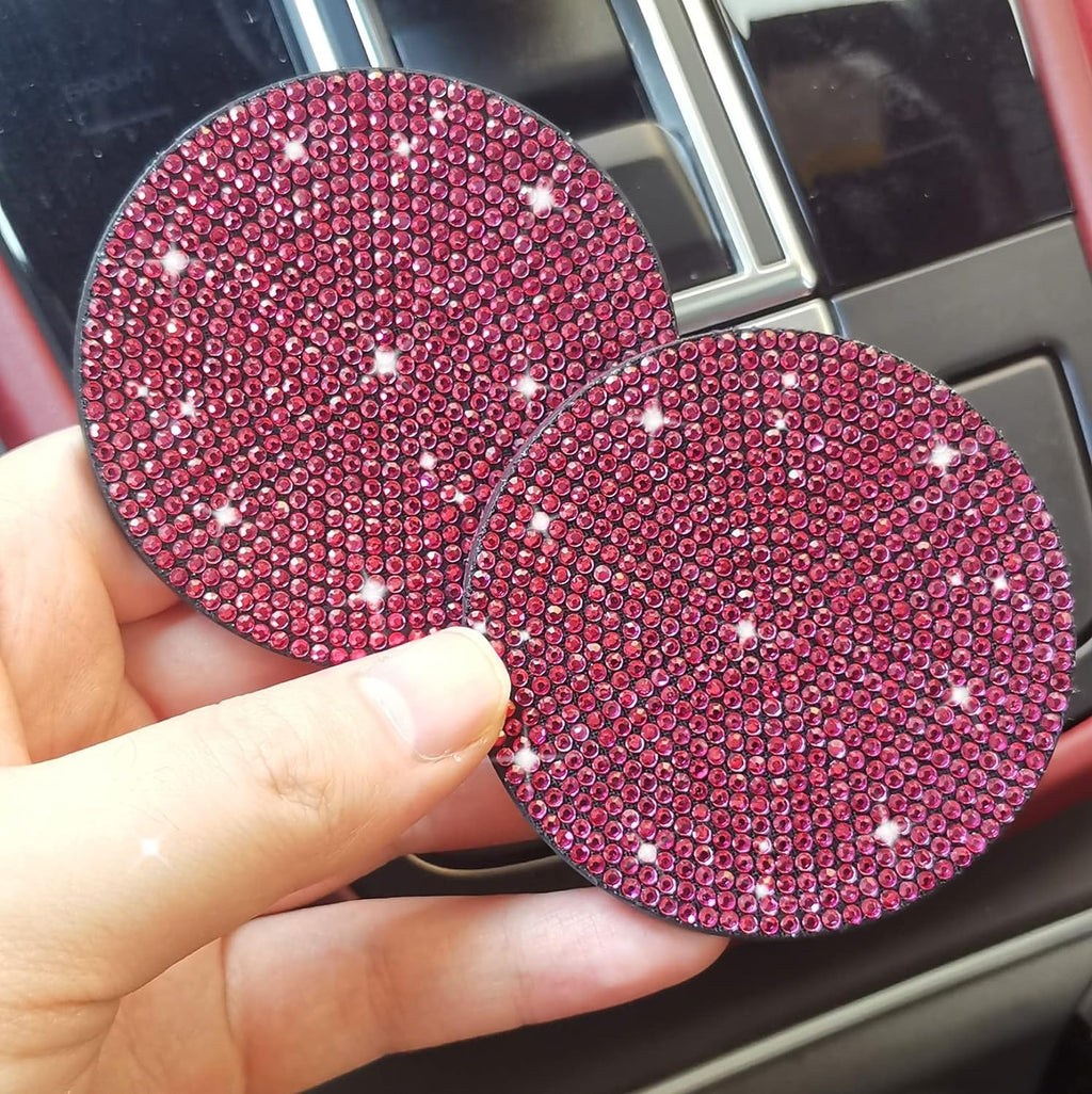 2pcs Bling Car Cup Holder Coaster, 2.75 inch Anti-Slip Shockproof Universal Fashion Vehicle Car Coasters Insert Bling Rhinestone Auto Automotive Interior Accessories for Women (2 pcs, Rose Red)