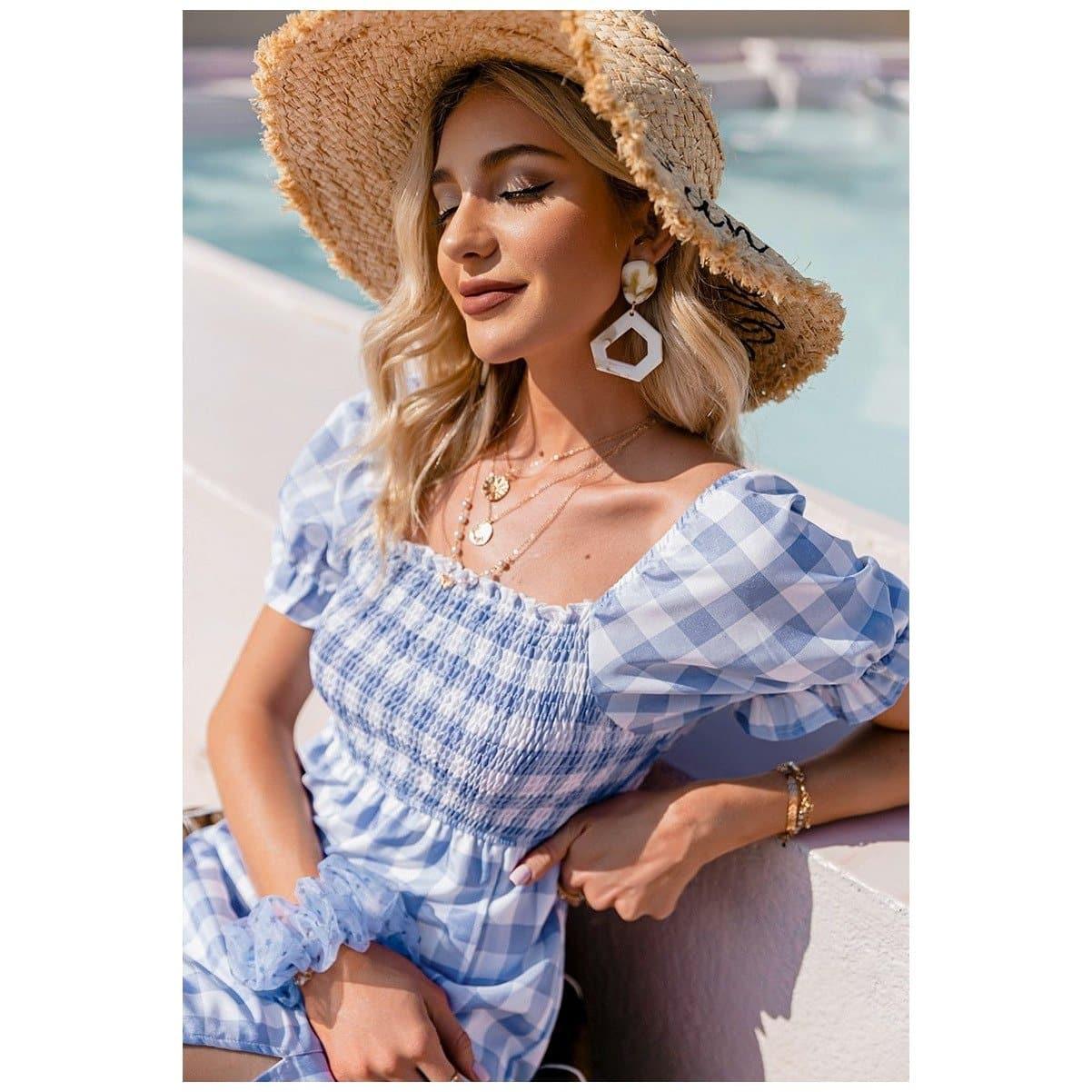 elegant square collar plaid high waist midi dress