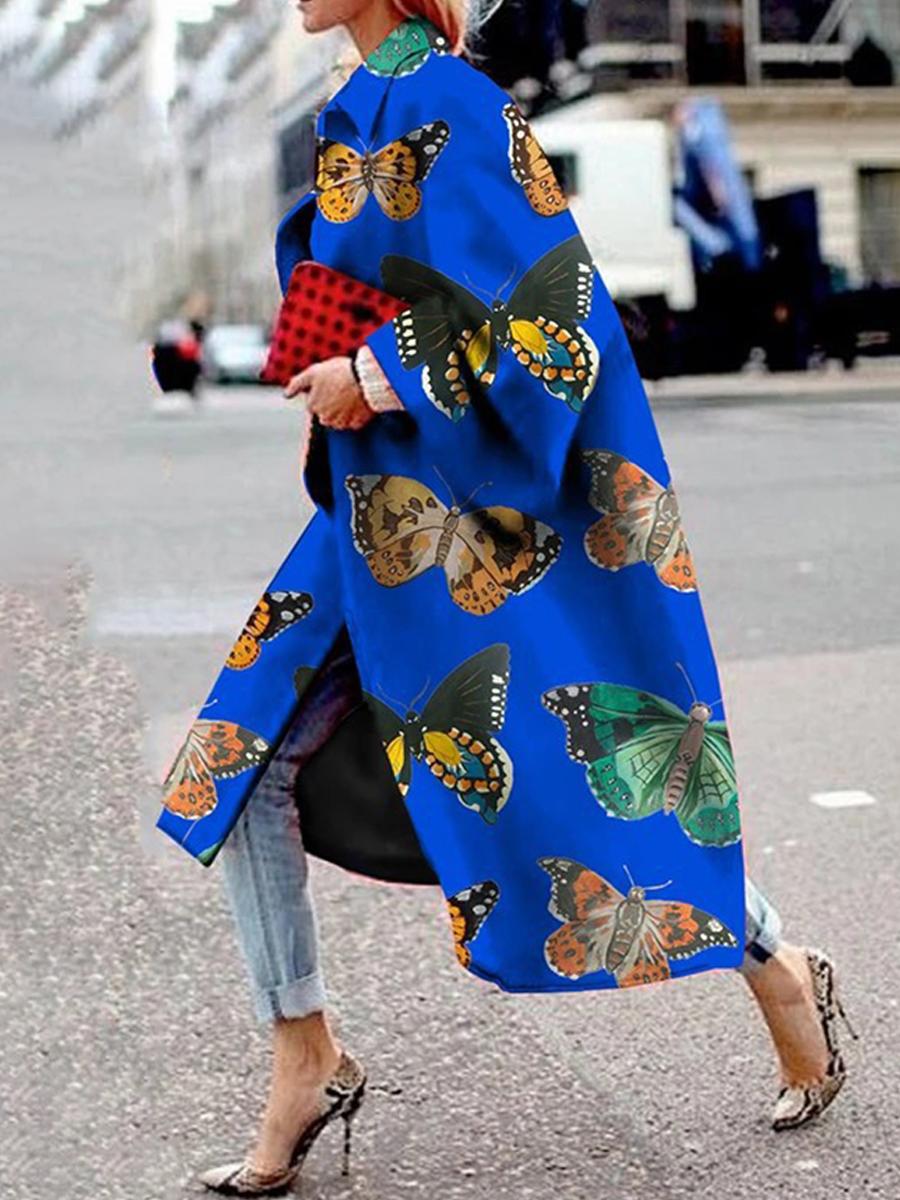 Long Flared Sleeve Printed Loose Coat