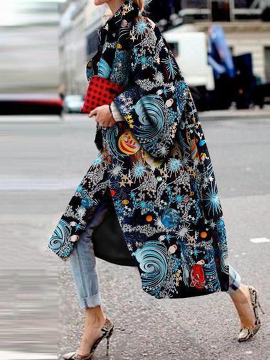 Long Flared Sleeve Printed Loose Coat