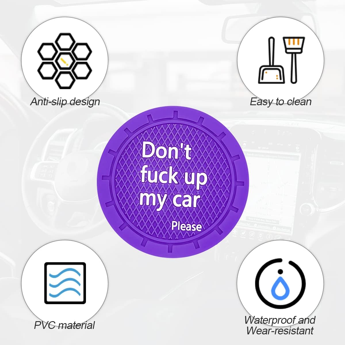 8sanlione Car Cup Coaster, 4Pcs 2.75 Inch Auto Cup Holder Insert Coasters, Anti-Slip Waterproof Embedded Drink Mat, Automotive Interior Accessories for Men and Women (D Deep Purple/4PCS)