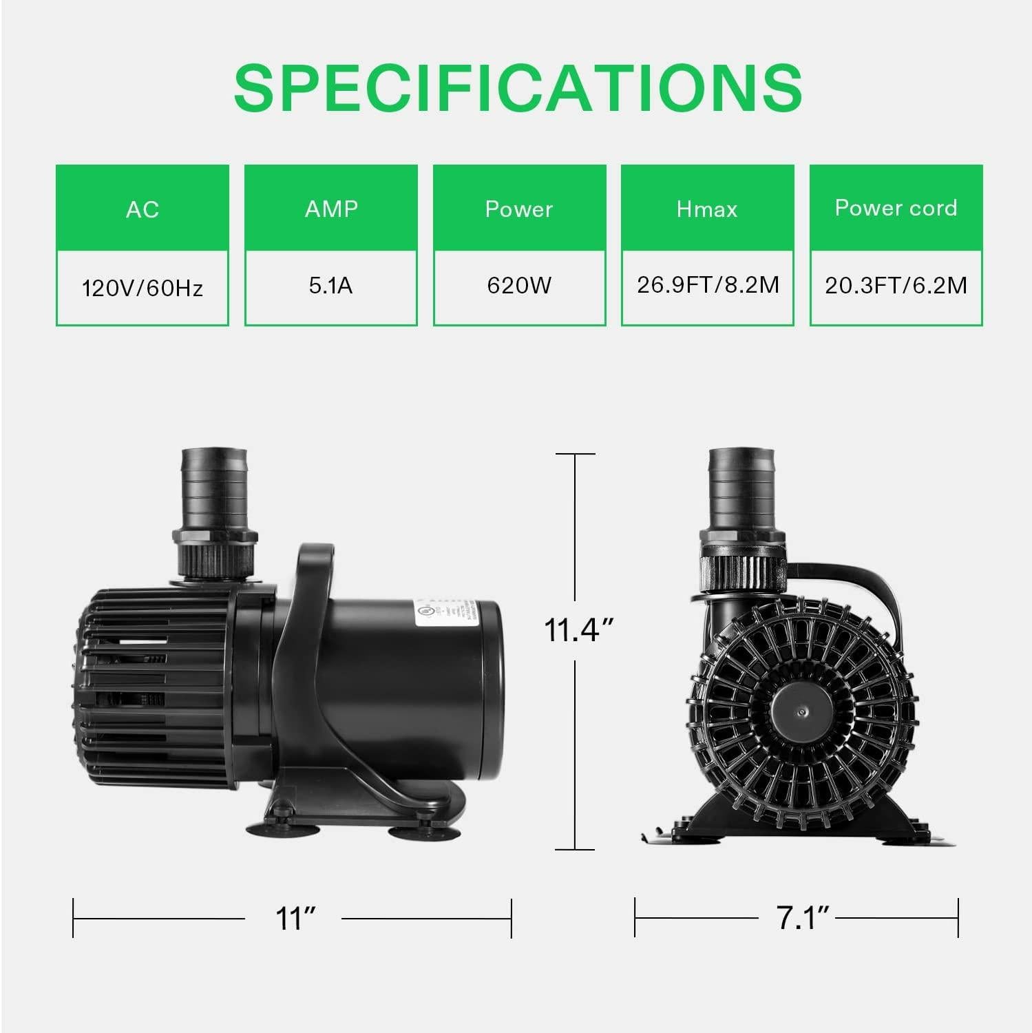 VIVOSUN 9000 GPH Submersible Water Pump 620W Pond Pump Ultra Quiet Aquarium Pump with 26.9 FT. Lift Height for Pond Waterfall, Fish Tank, Statuary, or Hydroponics