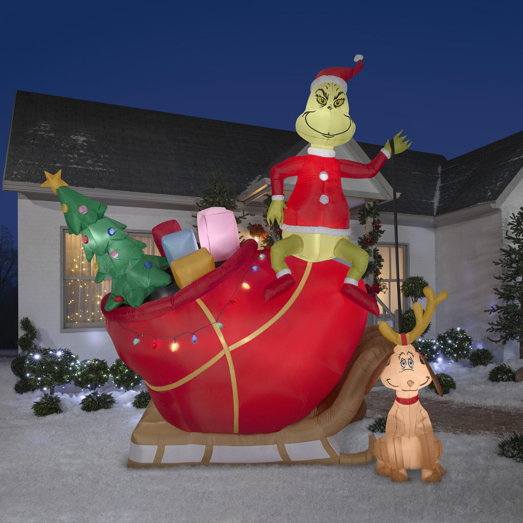 Dr. Seuss Grinch Max in Sled Christmas Yard Inflatable, 144"