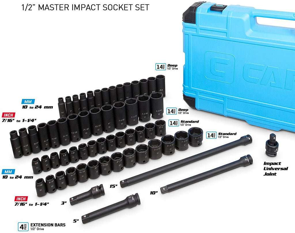 Capri Tools 1/2-Inch Drive Deep Impact Socket Set with Adapters and Extensions, Chrome Molybdenum,  Set Metric and SAE, Manganese Phosphate, 61-Piece