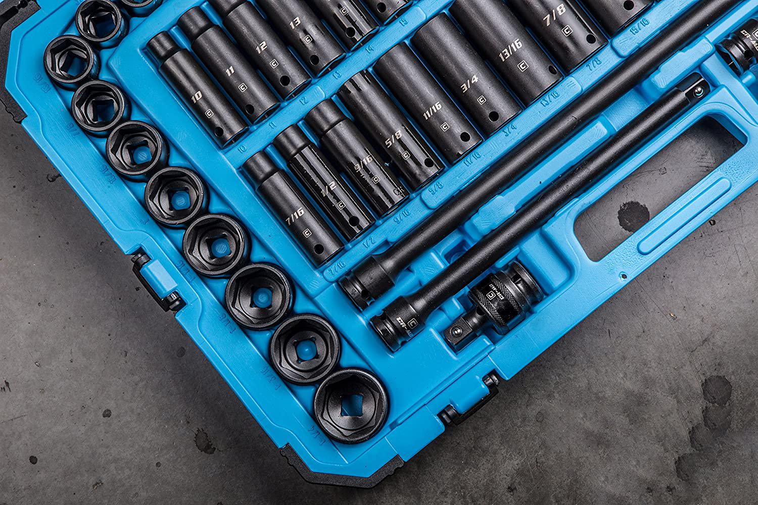 Capri Tools 1/2-Inch Drive Deep Impact Socket Set with Adapters and Extensions, Chrome Molybdenum,  Set Metric and SAE, Manganese Phosphate, 61-Piece
