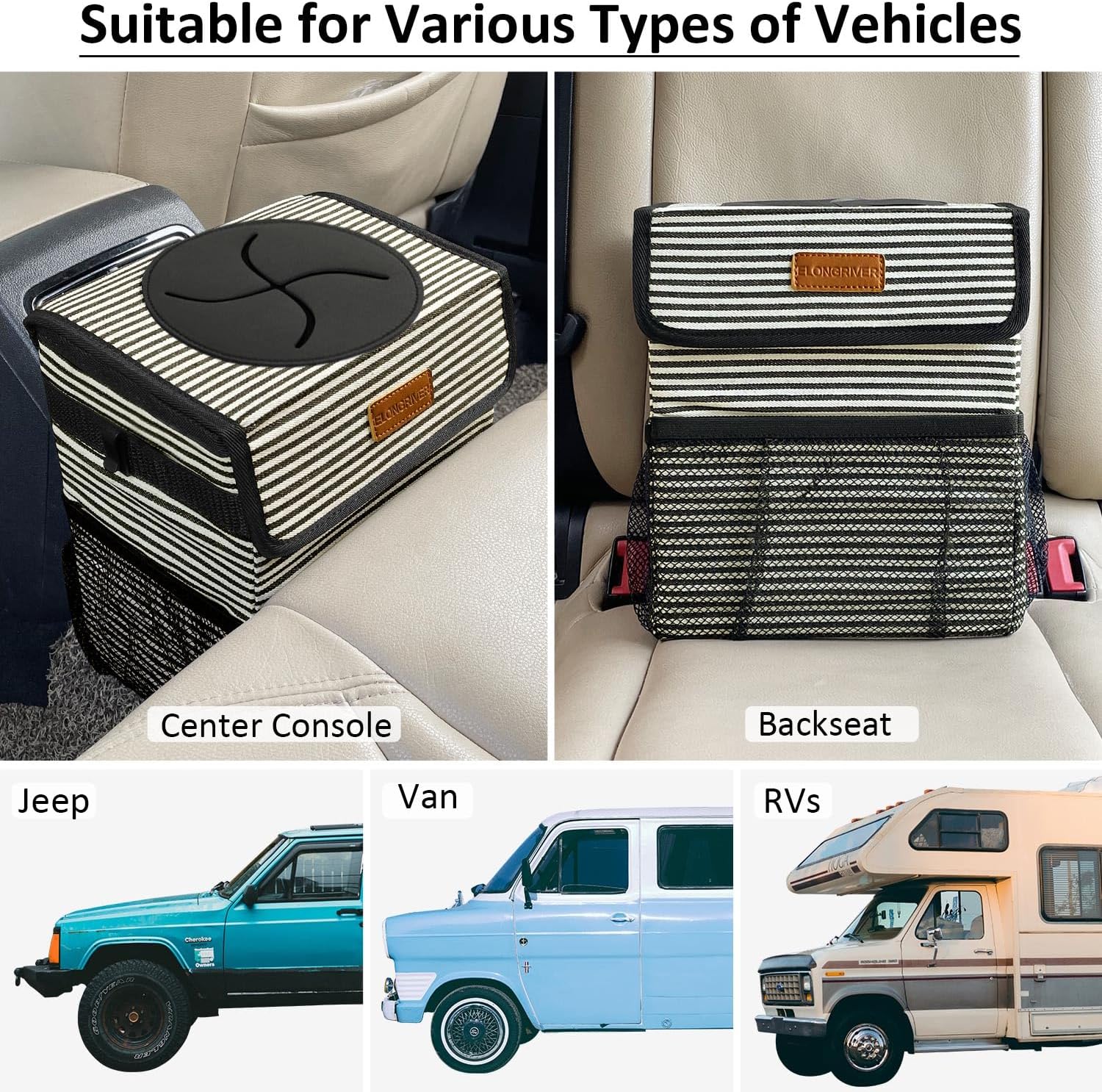 ELONGRIVER Car Trash Can Bin for Car Back Seat Leak Proof, Cute Car Trash Bag Hanging, Vehicle Trash Can for Suv Truck Van, Automotive Car Garbage Cans Front Seat Stripe