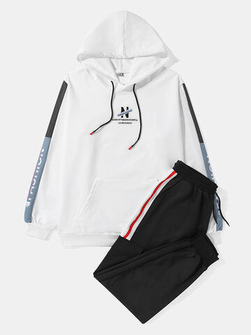 mens contrast patchwork letter pattern drawstring hooded casual two pieces outfits