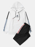mens contrast patchwork letter pattern drawstring hooded casual two pieces outfits