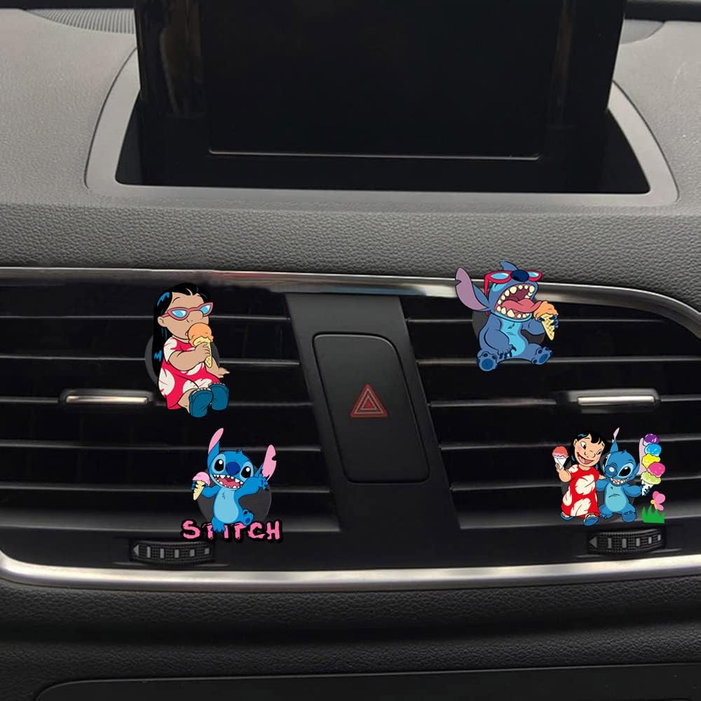 ZOSTLAND Cute Cartoon Car Air Vent Clip Decoration,Car Air Fresheners, Funny Car Vent Clip,Personalized Automotive Interior Decoration Accessories,Car Decor Gift for women,men (4pcs Stitch Ice Cream)