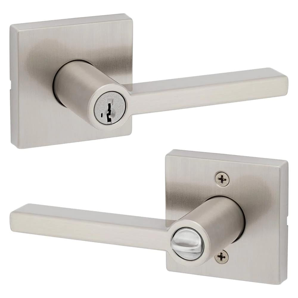 Halifax Square Satin Nickel Keyed Entry Door Lever Featuring SmartKey Security