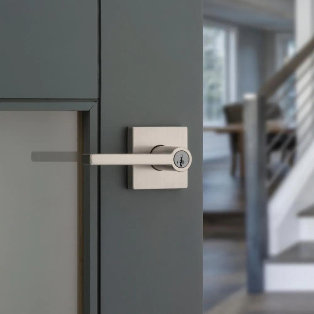 Halifax Square Satin Nickel Keyed Entry Door Lever Featuring SmartKey Security