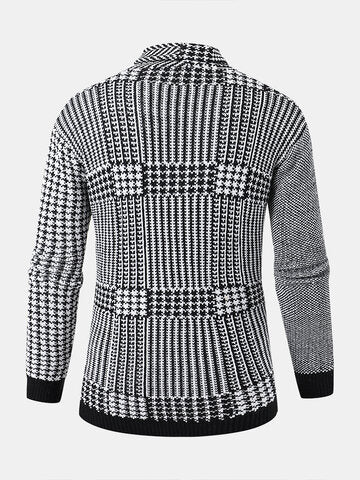 mens houndstooth pattern patchwork lapel button front knit casual cardigans