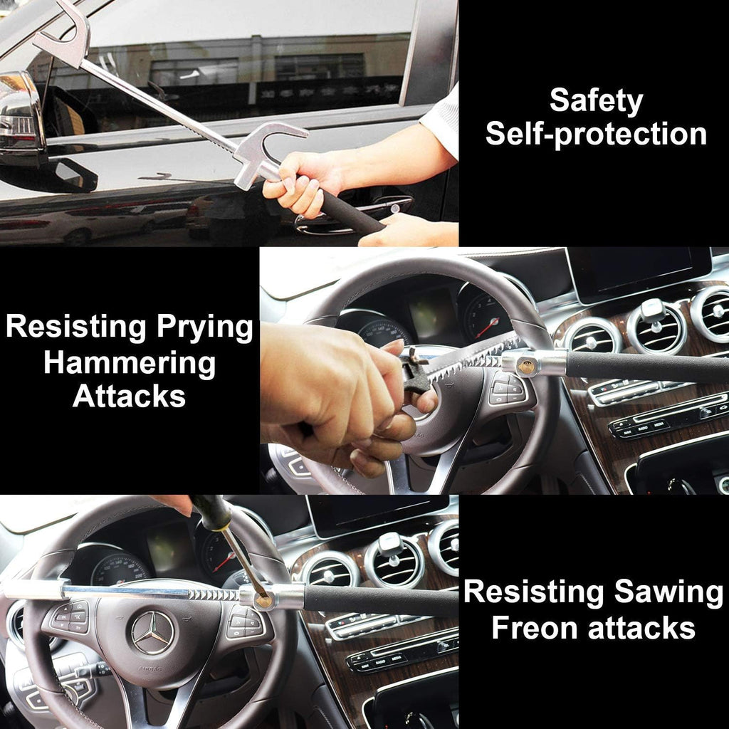 Tevlaphee Steering Wheel Lock Anti Theft Car Device Universal Car Theft Prevention Car Lock Adjustable Double Hook Emergency Hammer Window Breaker Self Defense Heavy Duty Secure (Black)