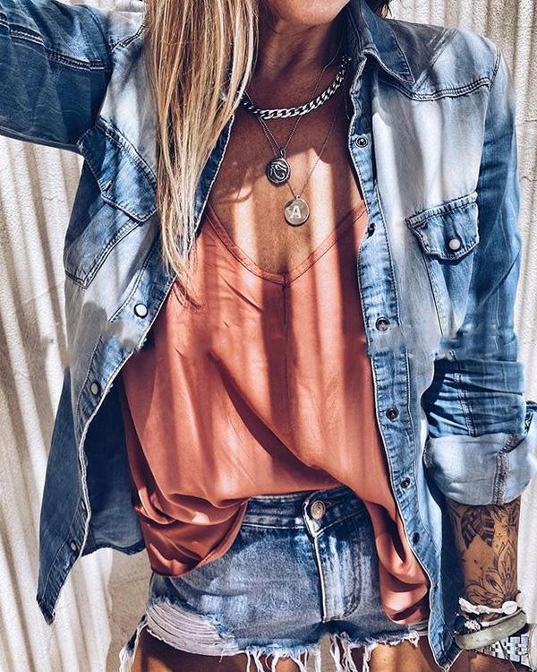 ombre washed denim distressed denim shirt with pockets