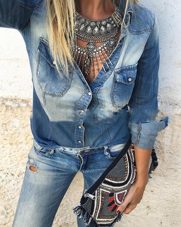 ombre washed denim distressed denim shirt with pockets