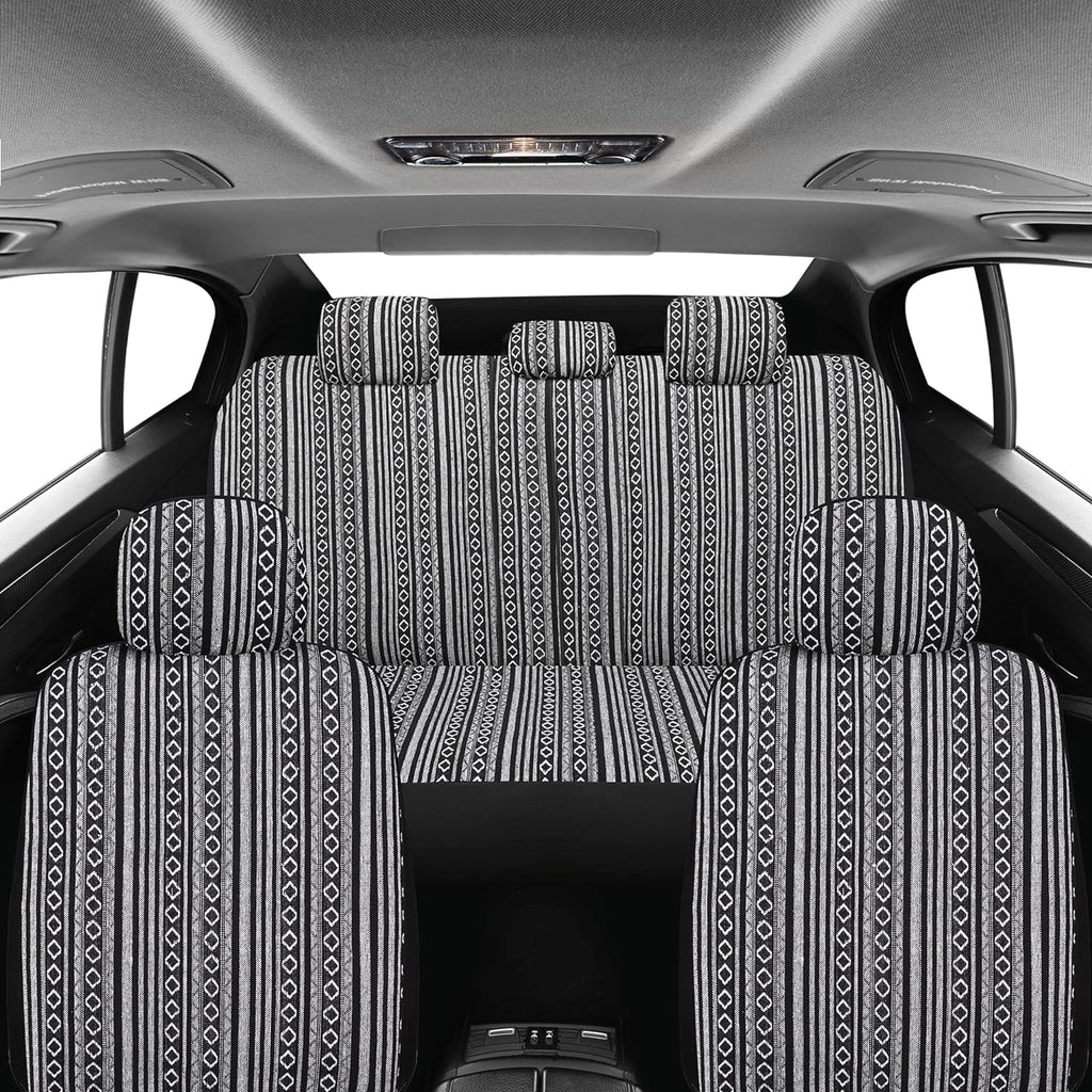 Pariitadin Baja Saddle Blanket Car Seat Covers Full Set with Seat Belt Pads, Washable Breathable Striped Woven Cloth Seat Covers for Cars, Universal Fit Most Cars, Airbag Compatible, Black/White