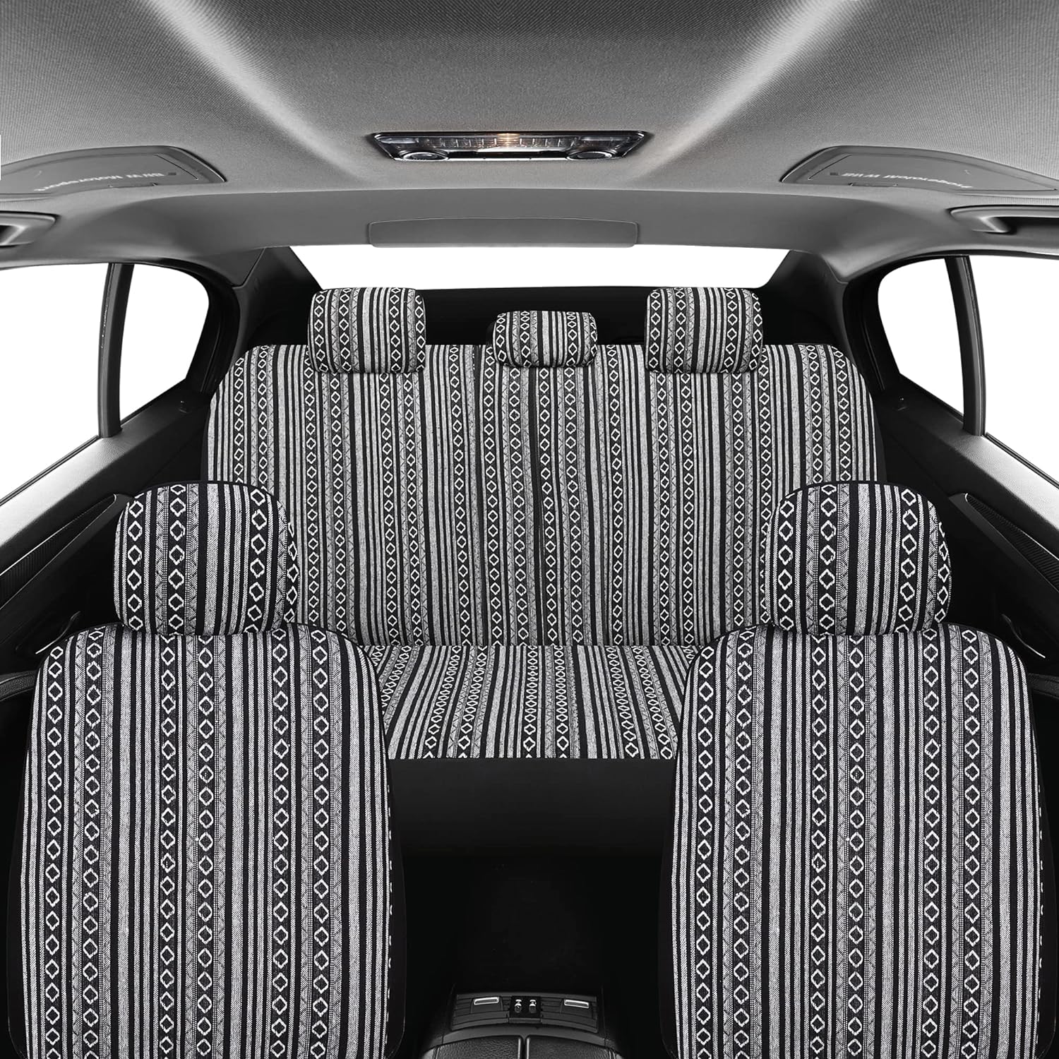 Pariitadin Baja Saddle Blanket Car Seat Covers Full Set with Seat Belt Pads, Washable Breathable Striped Woven Cloth Seat Covers for Cars, Universal Fit Most Cars, Airbag Compatible, Black/White