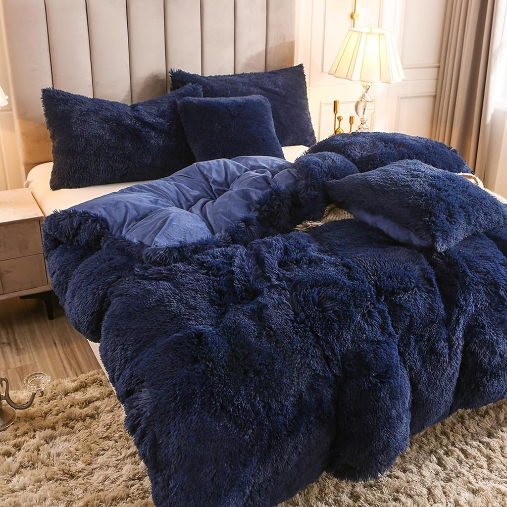 Uhamho Luxury Fluffy 1PC Solid Navy Twin Duvet Cover Faux Fur Plush Shaggy Quilt Cover Comforter Cover Velvet Bedspread Zipper Closure