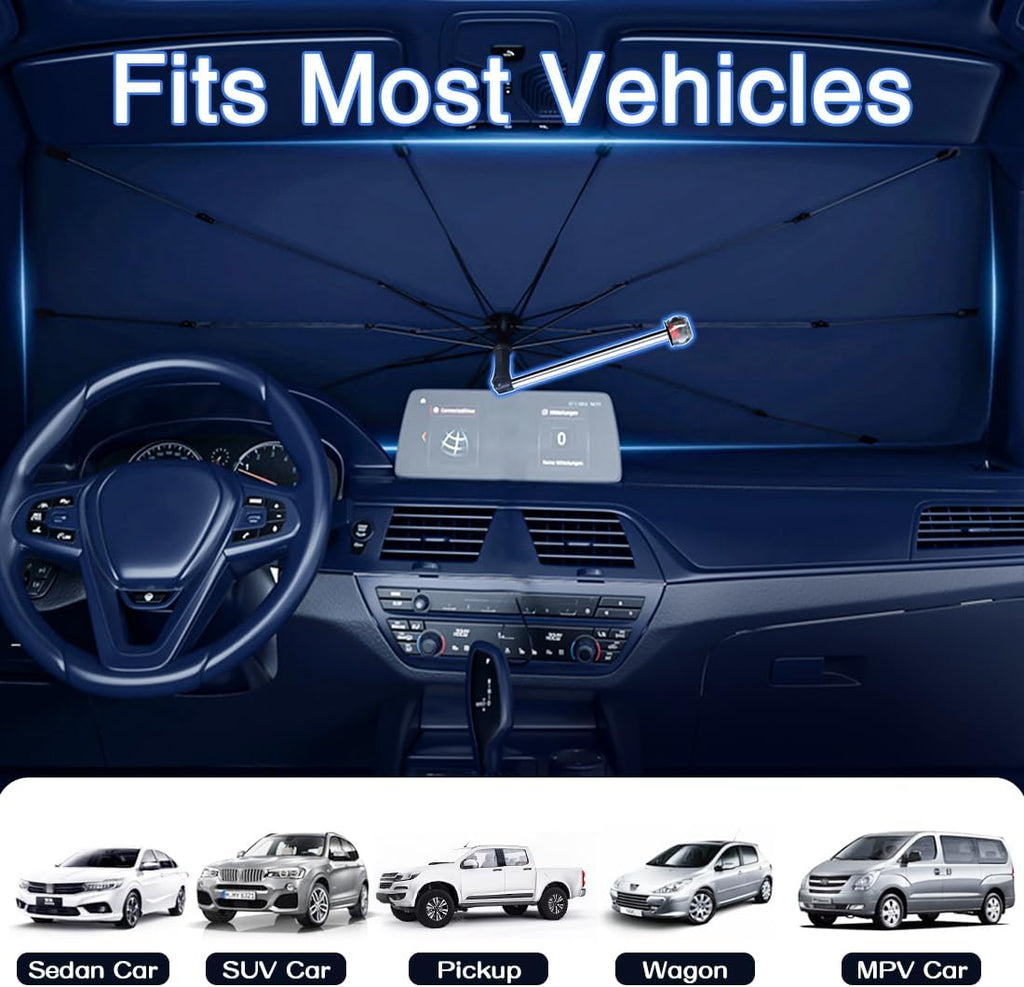 Windshield Sun Shade with 360° Rotating Shaft -Upgraded Car Sunshade with Window Breaker, Car Umbrella Sun Shade Cover for UV Protection