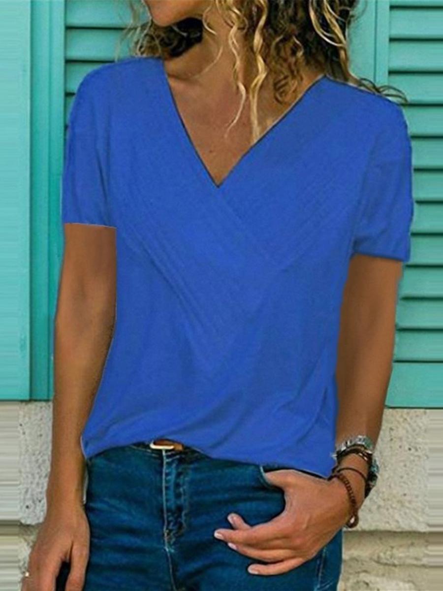 Casual V-neck Solid Color Short Sleeve T-Shirt