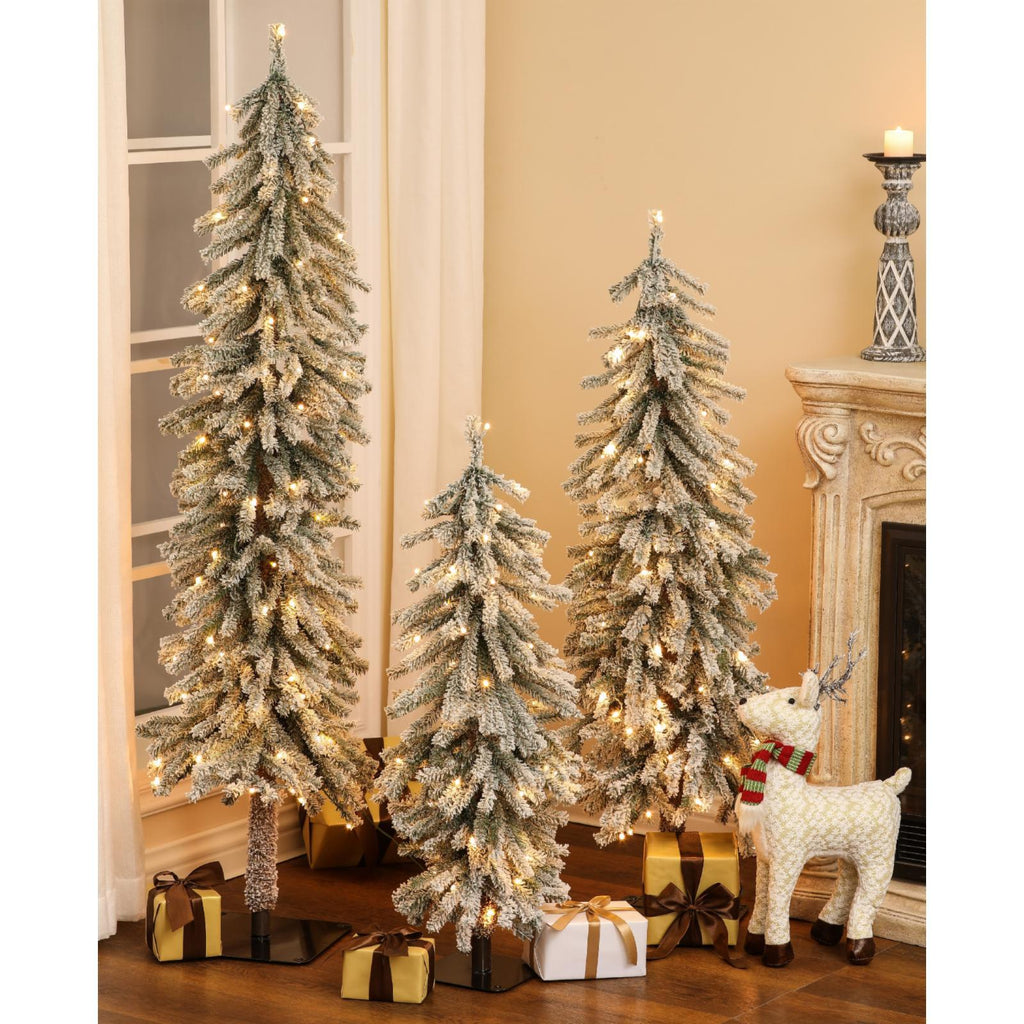 LuxenHome Pre-Lit LED Flocked Fir Slim Artificial Christmas Trees - Set of 3