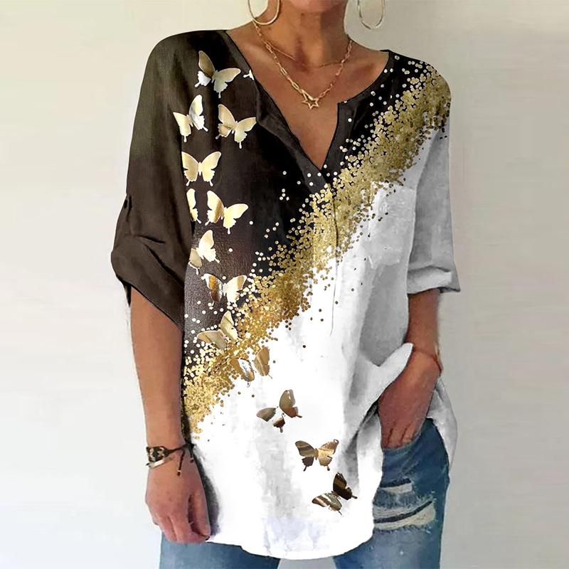 Fashion V-neck butterfly print shirt