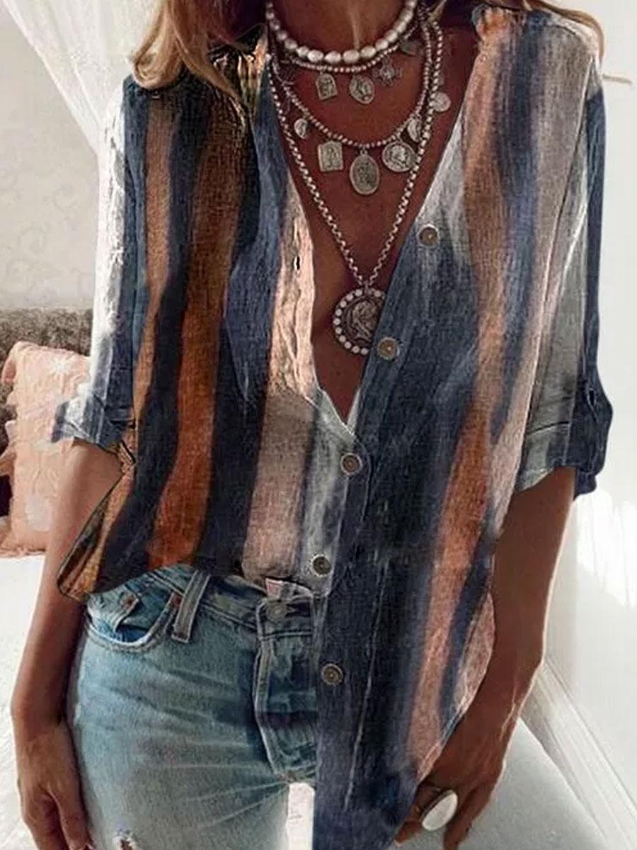 Contrast Stripe Print Loose Casual Long-sleeved Blouse