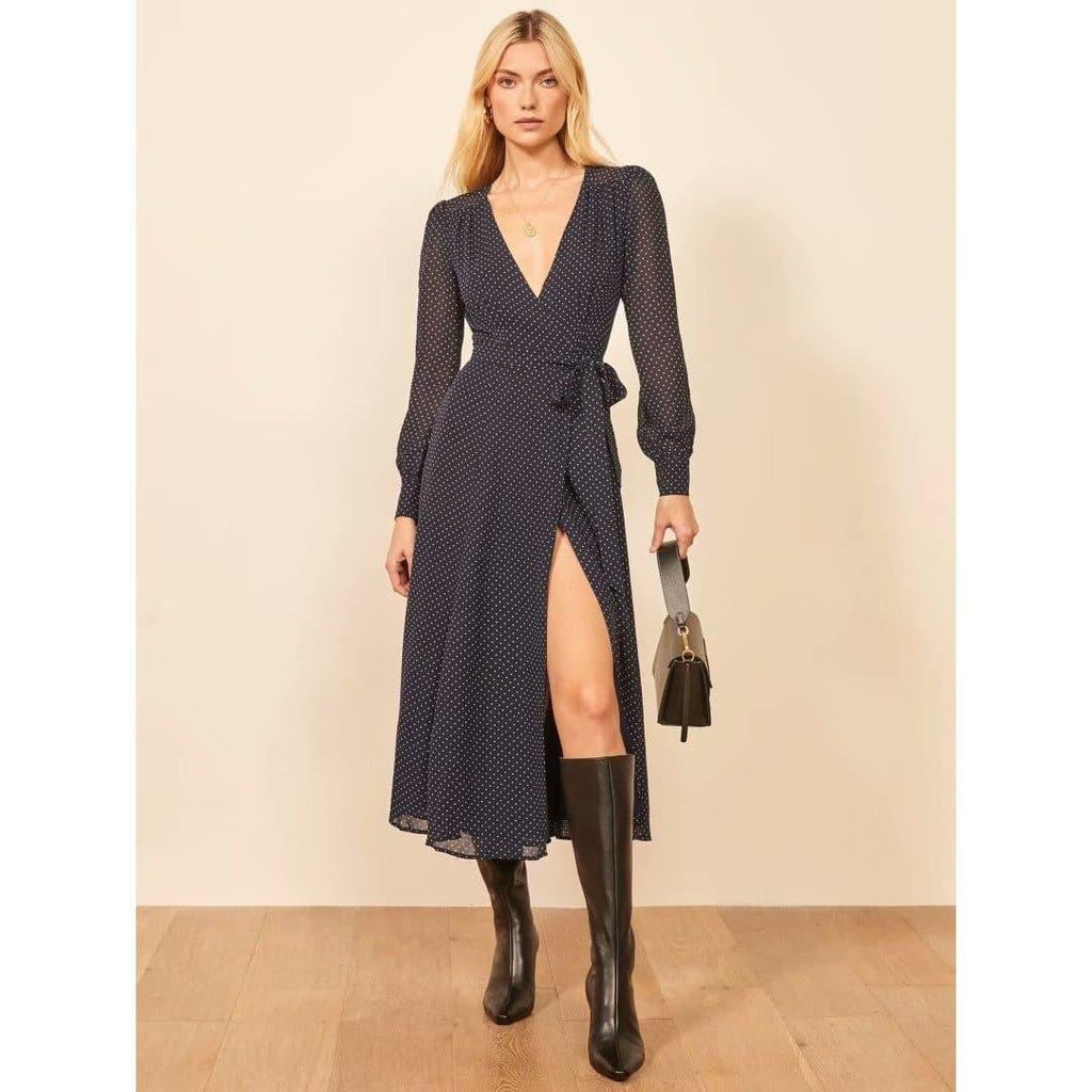 polka dot long sleeve midi dress