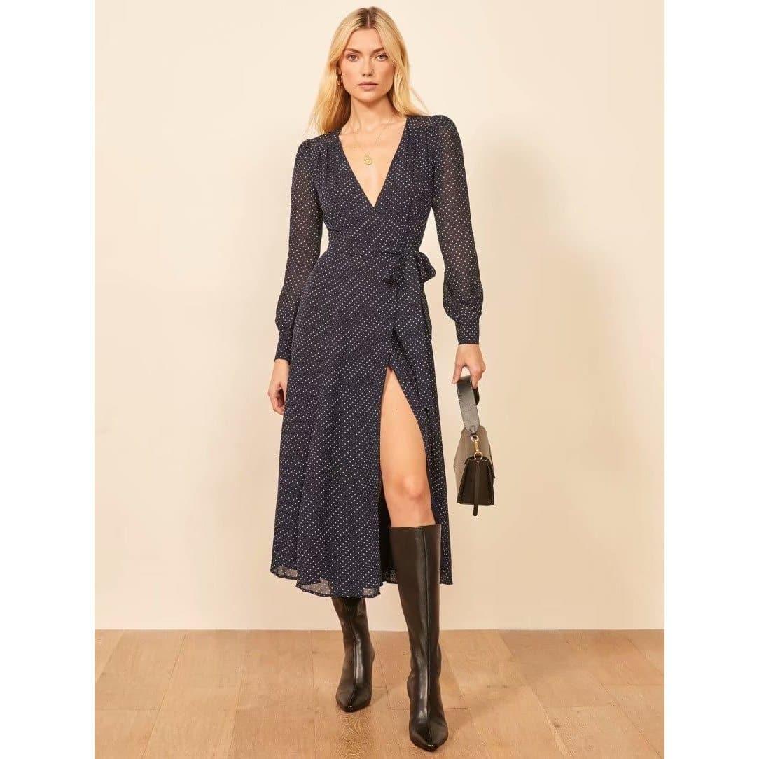 polka dot long sleeve midi dress