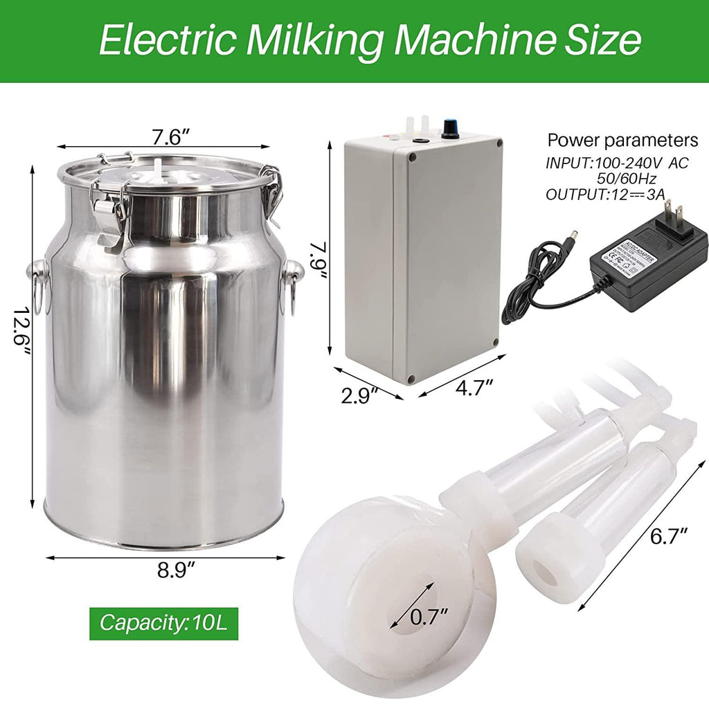 PAULOZYN Goat MilMachine Milker Electric with 10L Bucket Automatic Portable Plug-in Speed Adjustable Vacuum Pump MilSupplies with Tube Brush (Pulsation Type)